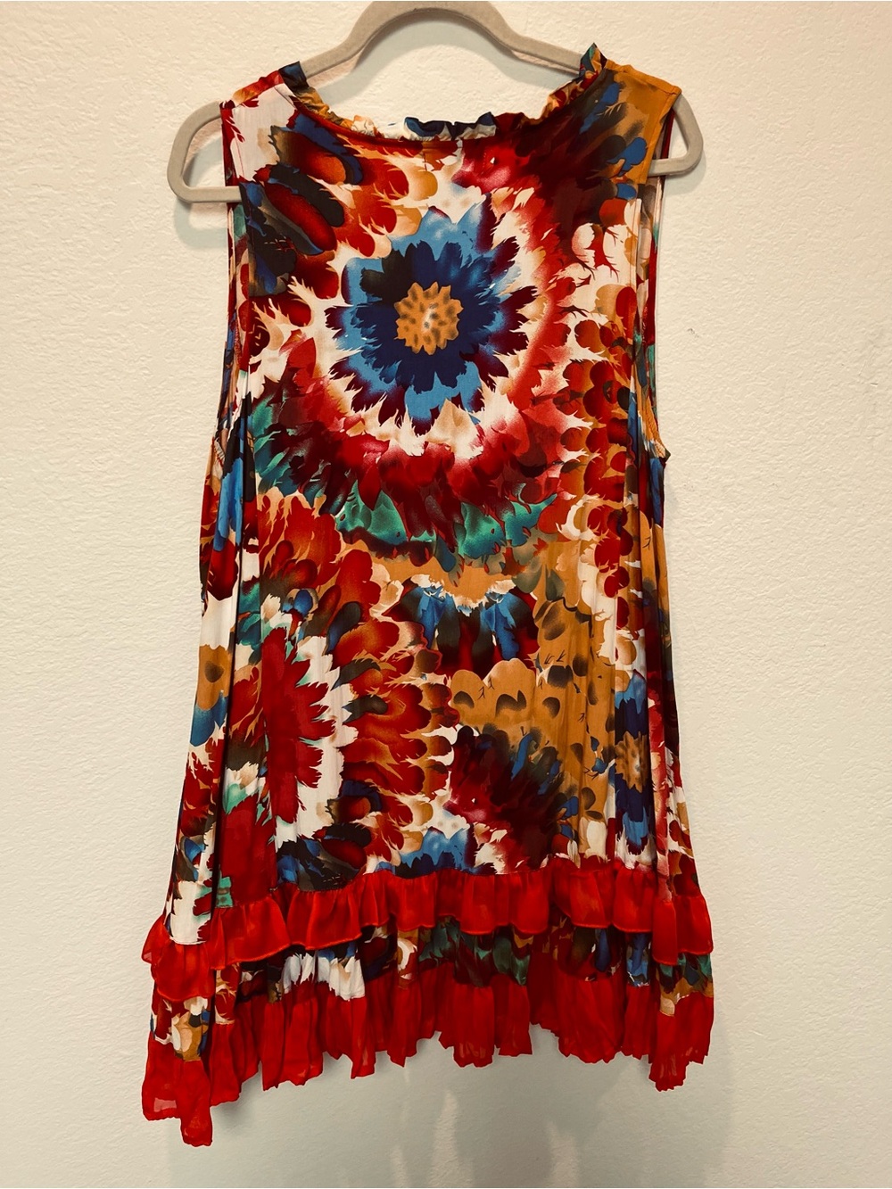 Festive Sleeveless Floral  Dress In Red, Blue & Mustard